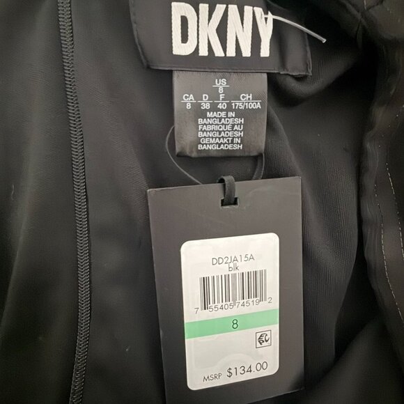 DKNY Black W/ Silver Metallic Striped Faux Wrap Dress W Tie Belt  Sz 8 NWT - Picture 10 of 12